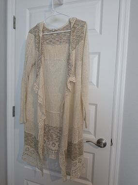 Miss Me Cream Open-Front Knit Cardigan with Multicolor Accents